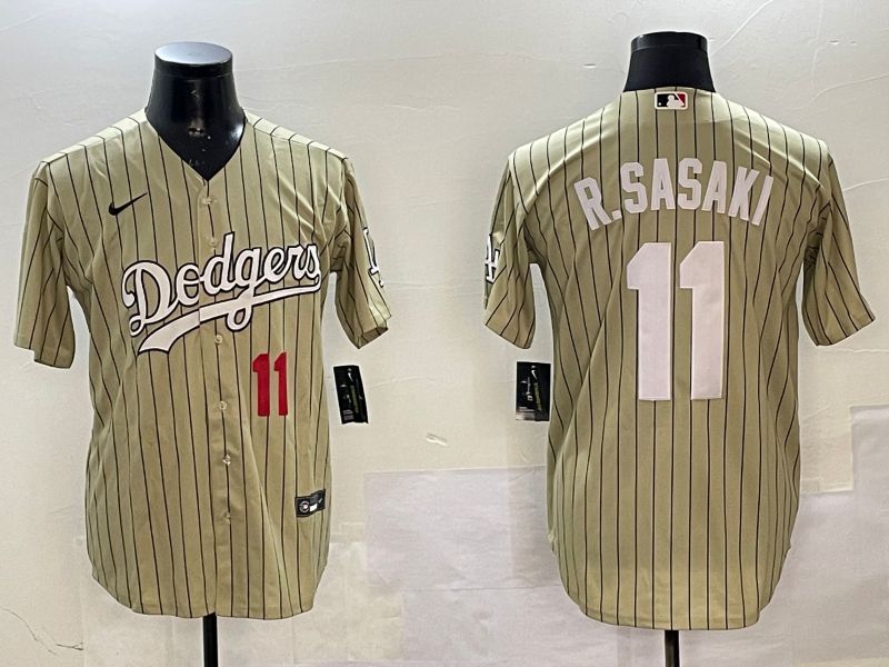 Men Los Angeles Dodgers #11 R.Sasaki Yellow Stripe Fashion Game 2025 Nike MLB Jersey style 3